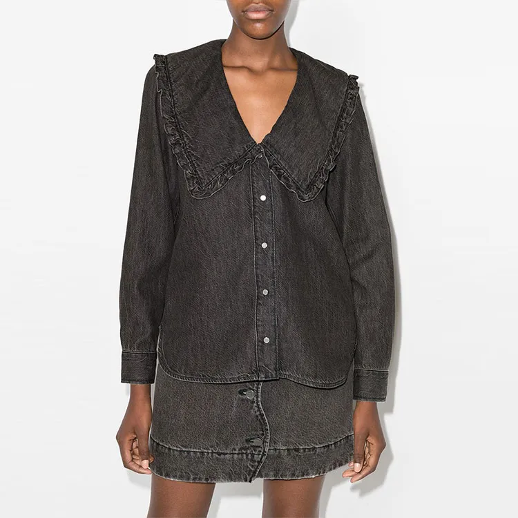 GANNI Oversized Ruffle Collar Denim Blouse-3