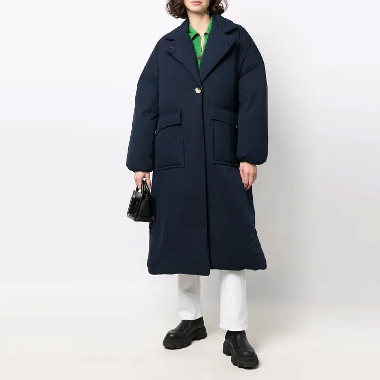 GANNI FW21 Solid Color Lapel Loose Fit Mid-Length Down Jacket Women's Blue-1