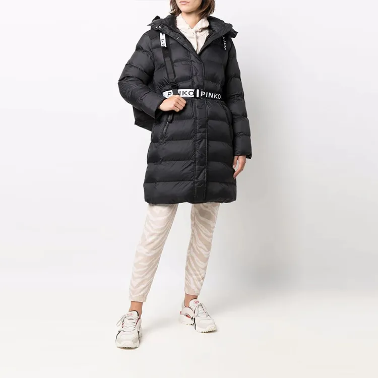 PINKO FW21 Solid Color Letters Hooded Mid-Length Puffer Jacket Women's Black-1