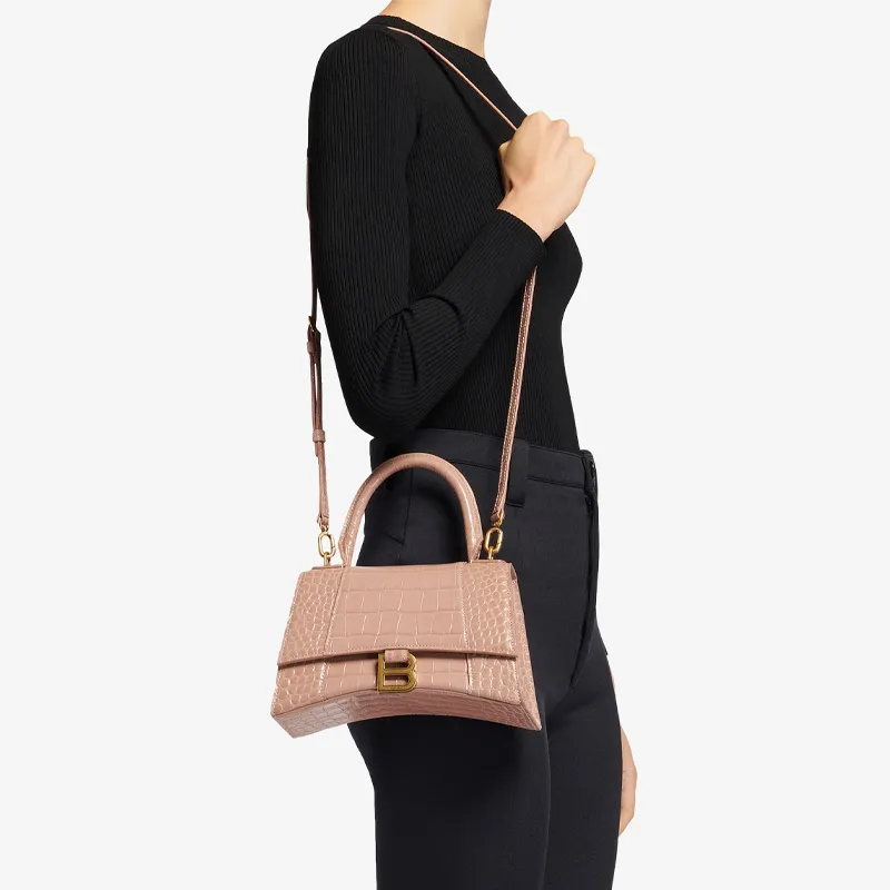 Balenciaga Hourglass Top Handle Bag Small Crocodile Embossed Beige-5