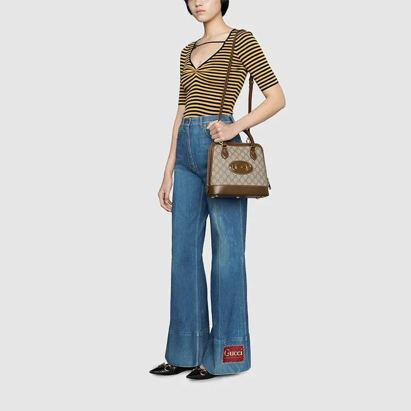 GUCCI Horsebit 1955 Canvas Dome Bag, Shoulder Bag, Crossbody Bag, Handbag Small Size Women's Ebony/Brown-8