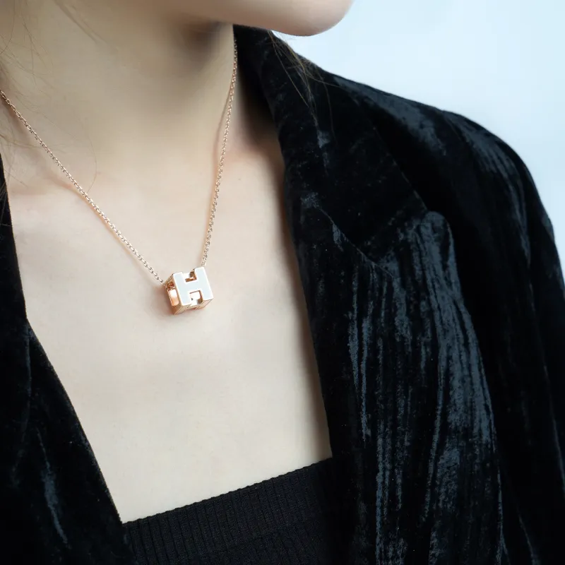 HERMES Cage D'H Alloy Necklaces Unisex Light Brown Rose Gold-4