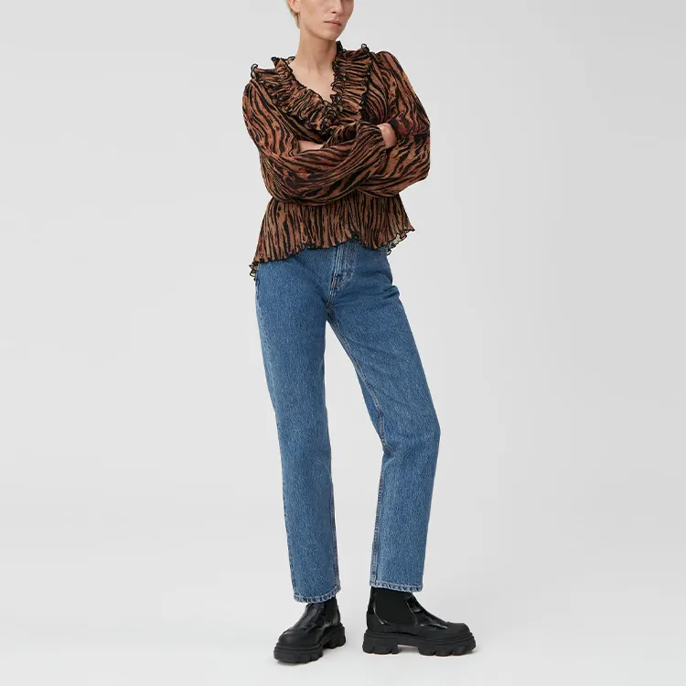 GANNI Pleated Georgette V Neck Ruffle Blouse 'Tiger's Eye'-1