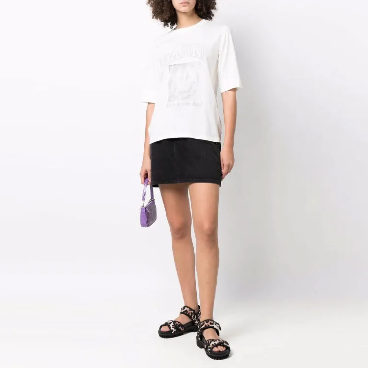 GANNI Light Cotton Jersey Smiley O neck Mid Sleeve T shirt 'Egret'-1