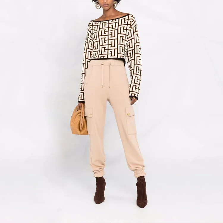 BALMAIN Cropped Off Shoulder Monogram Knit Top 'Noir/Blanc'-1
