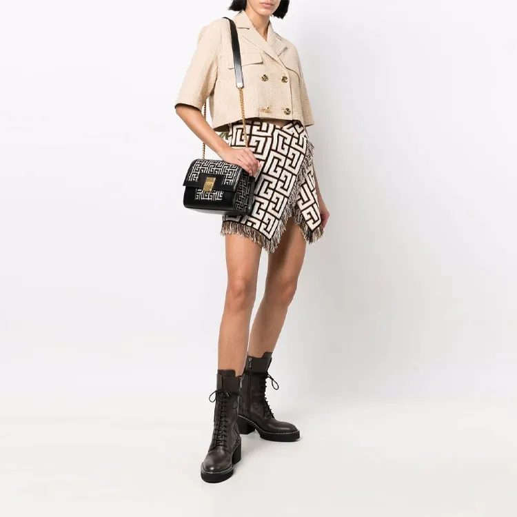 BALMAIN Maxi Monogram Short Wrap Knit Skirt 'Noir/Blanc'-1
