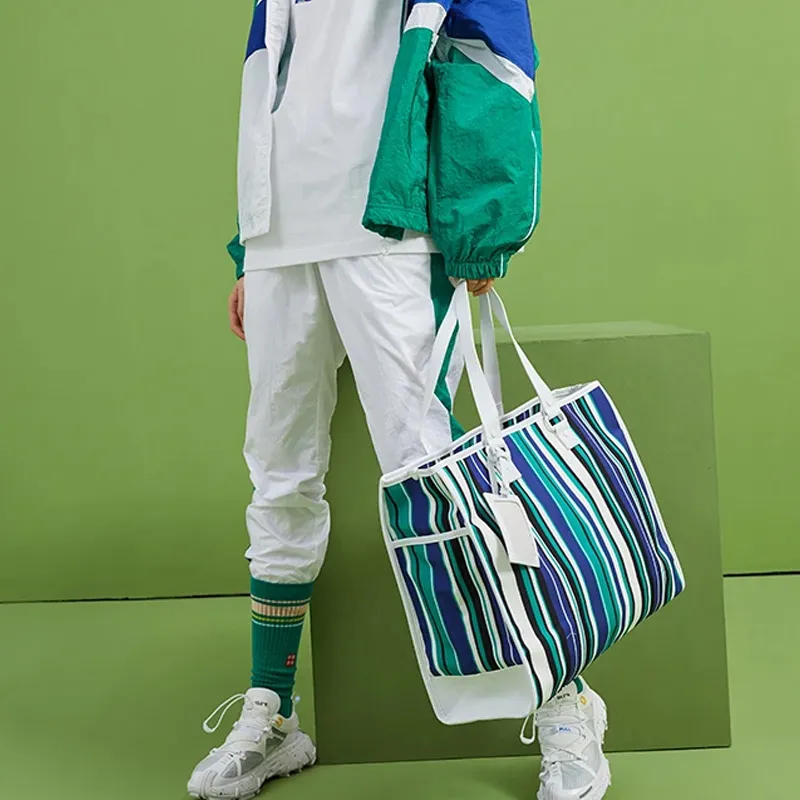 LiNing Polyester Tote Bag Shopping Bag Handbag Regular Unisex Green And Yellow Stripes-4
