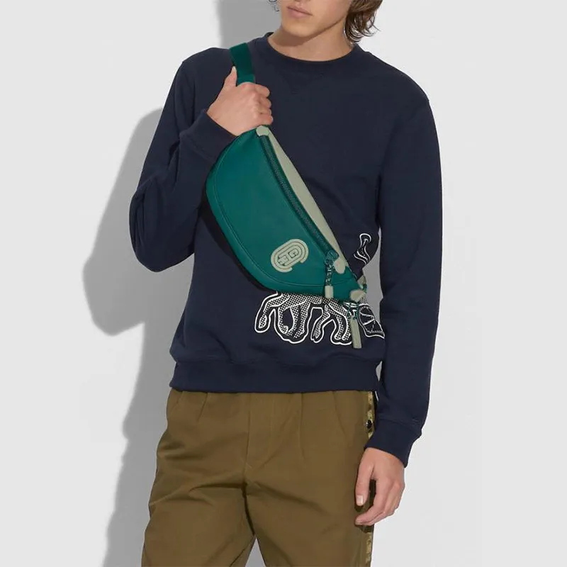 COACH Rivington Leather Crossbody Bag, One Shoulder Crossbody, Fanny Pack, Sling Bag Large Size Men's Green-4