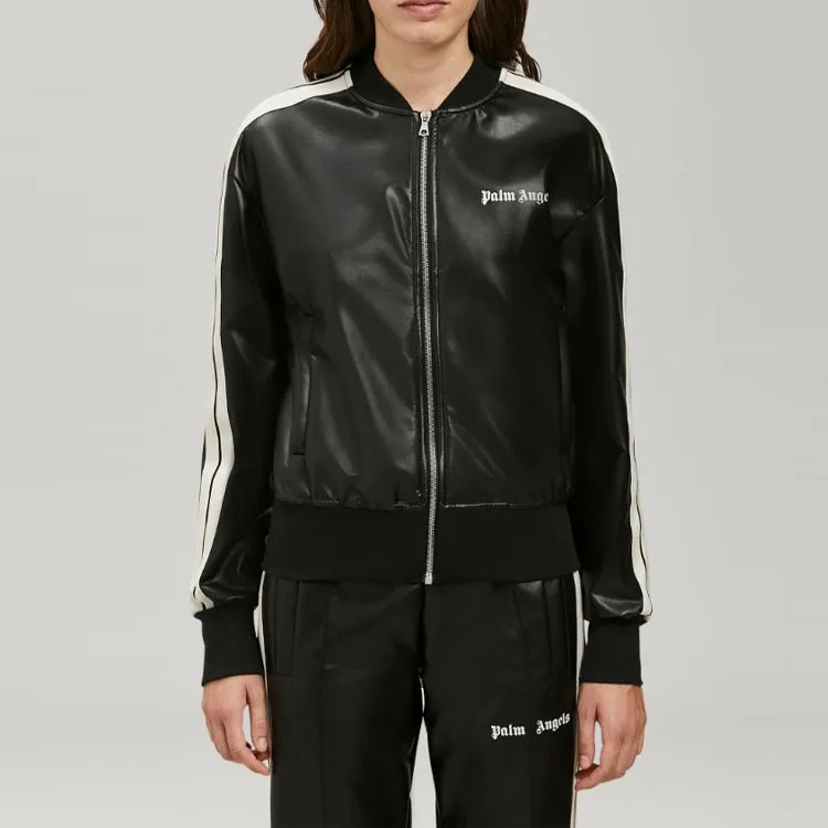 PALM ANGELS Women'ss Faux Leather Track Jacket Black/Off White-2