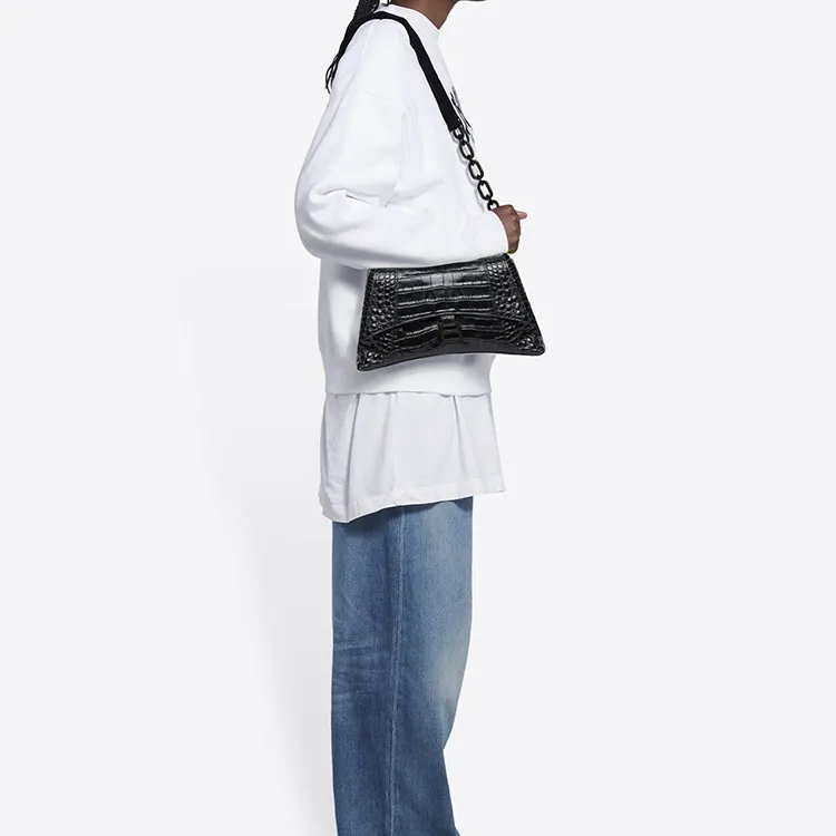 Balenciaga Supple Crocodile Pattern Embossed Cow Leather One Shoulder Handbag Crossbody Bag Small Size Women's Black-5