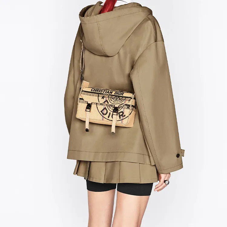 DIOR DiorCamp Jute Canvas Embroidery Canvas Bag Messenger Bag Shoulder Bag Crossbody Bag Small Size Unisex Beige-7