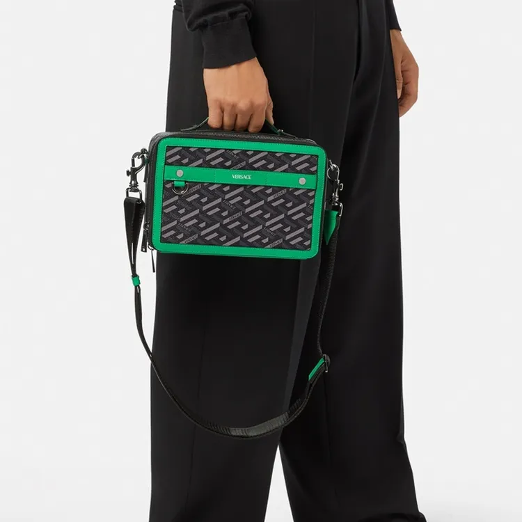 VERSACE Leather Trim Messenger Bag Box Bag Shoulder Bag Crossbody Bag Men's Green-5