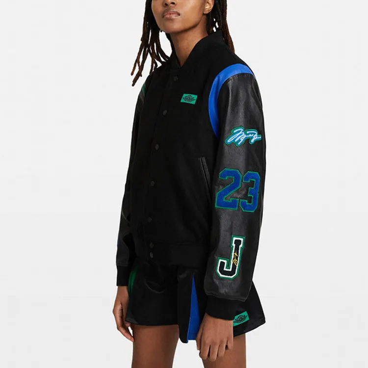 Jordan X Aleali May Varsity Jacket Asia Sizing Black Game Royal Pine Green-5