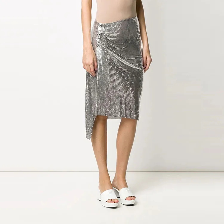 Paco Rabanne Asymmetric Metallic Ruched Midi Skirt-3