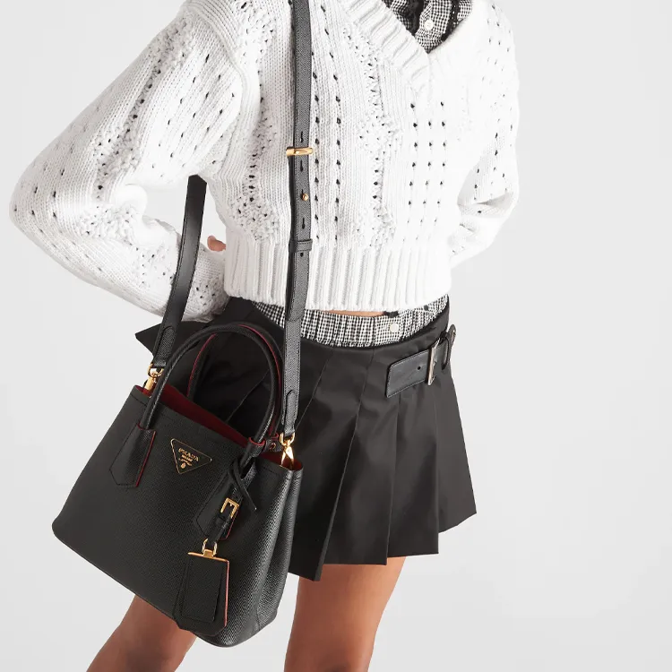 PRADA Double Leather Shoulder Bag Crossbody Bag Handbag Mini Women's Black-3