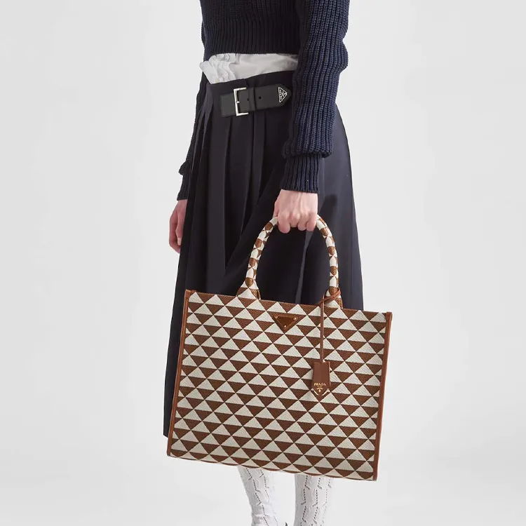 PRADA Symbole Leather Tote Bag, Shopping Bag, Handbag Tubas Women's Tobacco/Smoke White-4