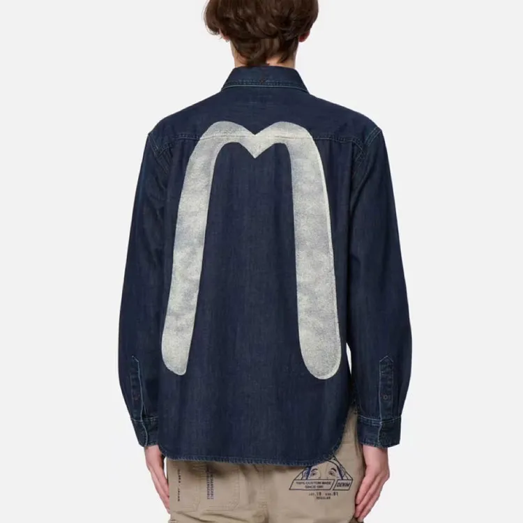 EVISU FW22 Letter Denim Shirt Spring Summer And Autumn Men's Denim Blue-3