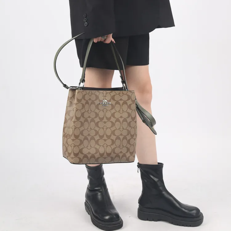 COACH Town Canvas With Leather Bucket Bag Handbag Shoulder Bag Crossbody Bag Medium Size Women's Khaki-3