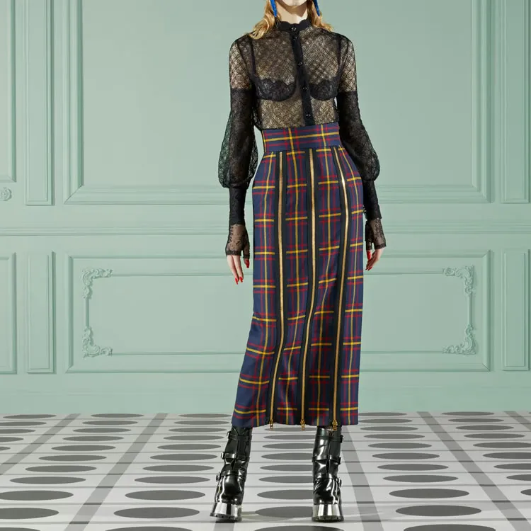 GUCCI Buckled Belt Tartan Skirt-1