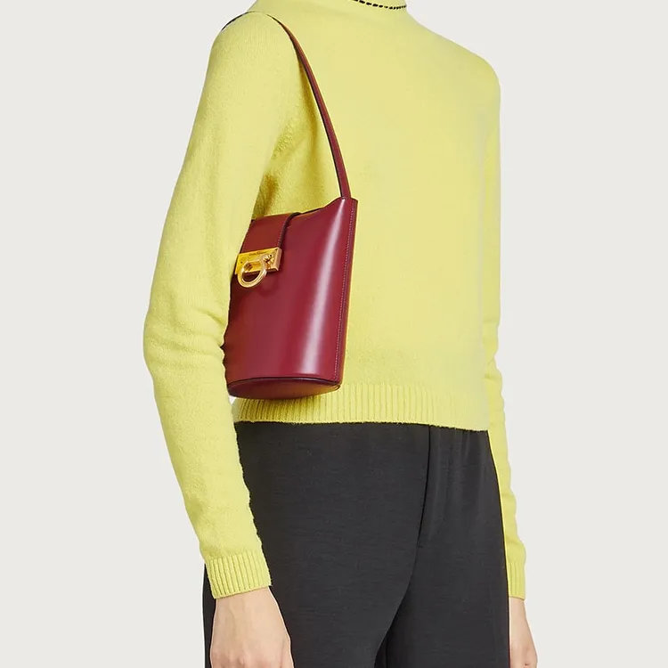 FERRAGAMO Trifolio Cow Leather French Fries Bag Bucket Bag Handbag Shoulder Bag Women's Red-5