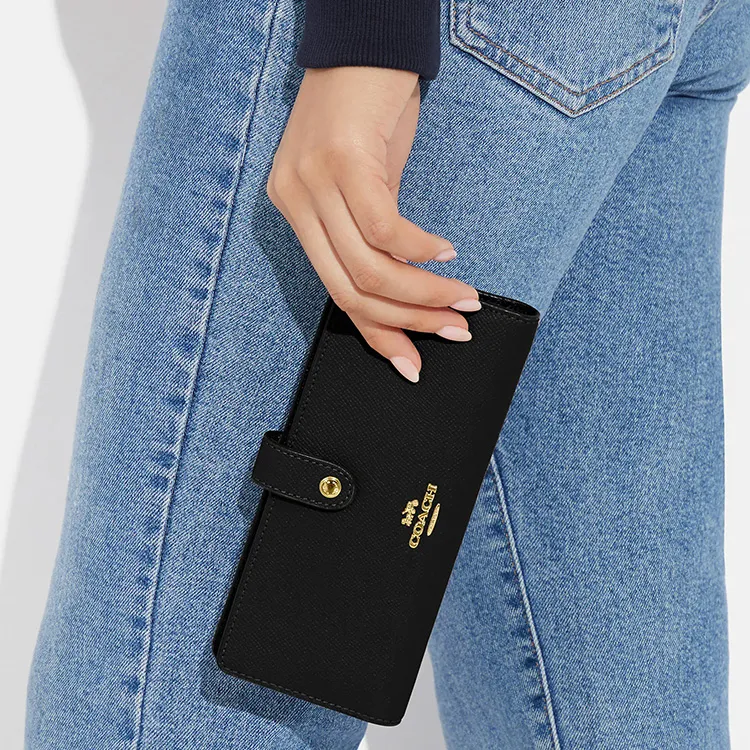 COACH Slim Wallet Cross-Stitch Leather Wallet Women's Black-5