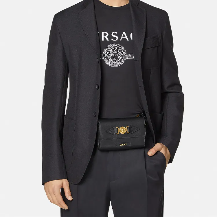 VERSACE Cow Leather One Shoulder Crossbody Fanny Pack Men's Black-5
