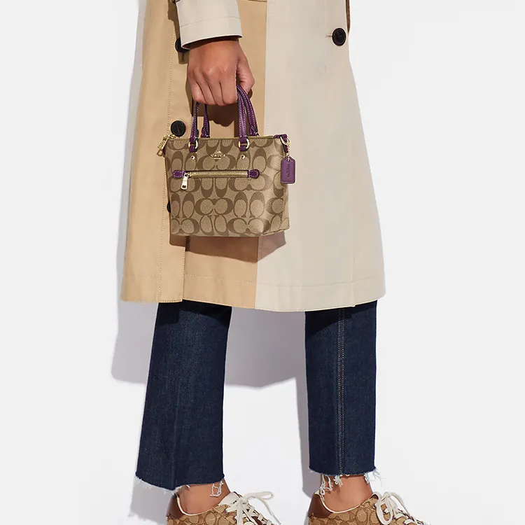 COACH Gallery Canvas With Leather Tote Bag Shopping Bag Handbag Shoulder Bag Crossbody Bag Mini Women's Khaki & Purple-5