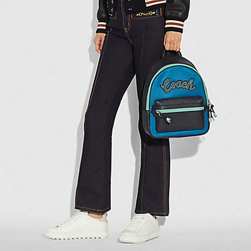 COACH Charlie Nylon And Leather Backpack Medium Size Unisex Blue-4