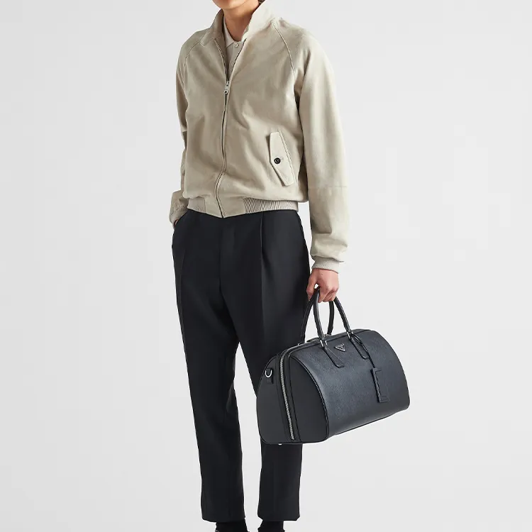 PRADA Symbol Cross-Stitch Leather Handbag Shoulder Bag Crossbody Bag Travel Bag Men's Black-6