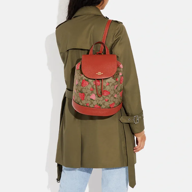 COACH Dempsey Canvas With Leather Bucket Bag, Backpack Medium Size Women's Ebony & Dark Wood Color-3