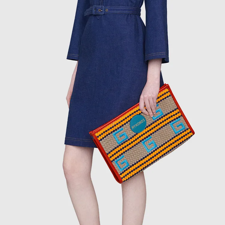 GUCCI Fabric With Leather Clutch Women's Orange/Red Blue-7