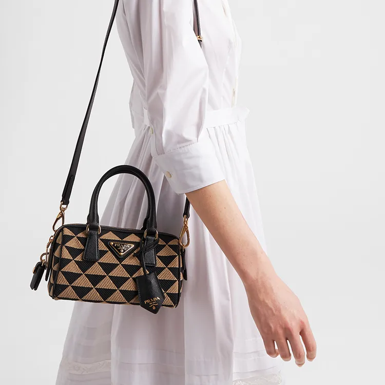 PRADA Embroidered Fabric Crossbody One Shoulder Handbags Regular Women's Black/Beige Yellow-4
