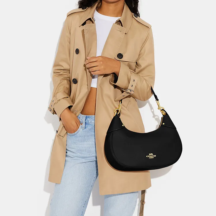 COACH Hobo Pebbled Leather Crescent Bag, Shoulder Bag, Handbag, Shoulder Bag Women's Black-4