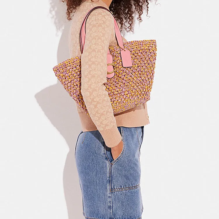 COACH Straw Straw Woven With Leather Tote Bag Shopping Bag Basket Bag Handbag Shoulder Bag Women's Pink-4