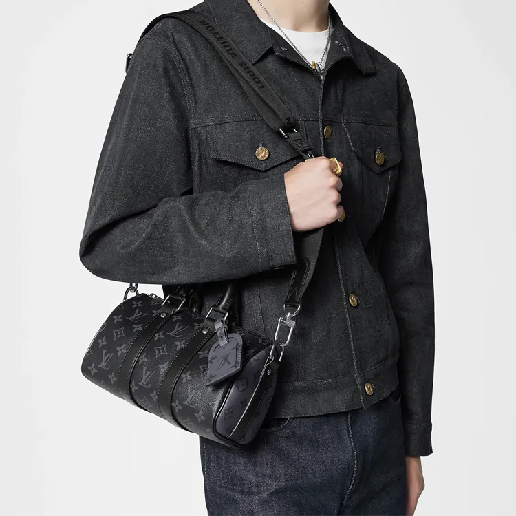 LOUIS VUITTON Keepall Coated Canvas With Leather Trim Handbag Shoulder Bag Crossbody Bag Regular Men's Black/Gray-8