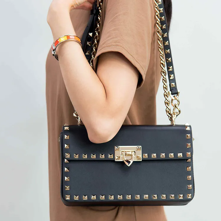 Valentino Leather Portable Crossbody Bag, Shoulder Bag Women's Black-5