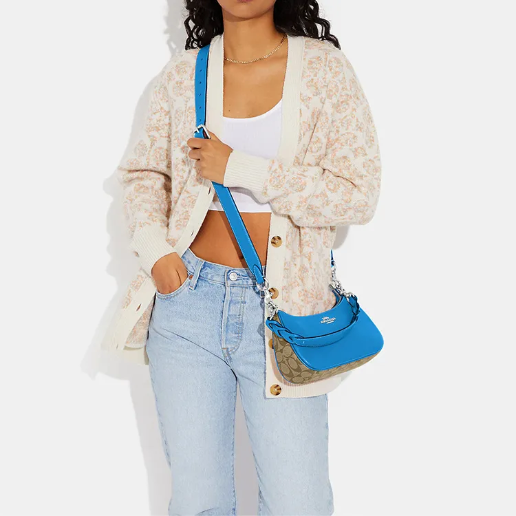 COACH Teri Coated Canvas With Pebbled Leather Portable Crossbody Bag, Shoulder Bag Women's Blue-4