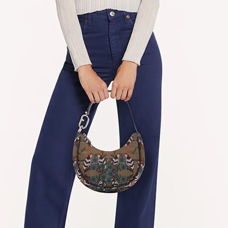 Furla Primavera Fabric Cow Leather Patchwork Handbag Shoulder Bag Women's Gray-4