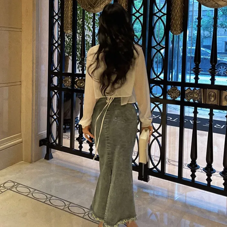 Meat meat small cherries Denim Long Skirts Women's Denim Blue-1