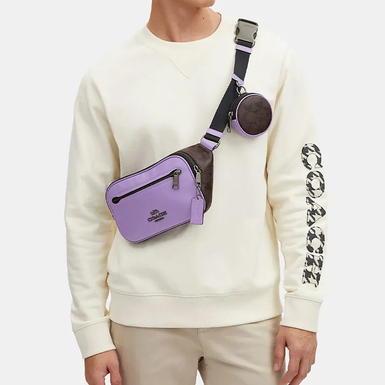 COACH Elias Canvas With Leather Shoulder Bag Crossbody Bag Sling Bag Fanny Pack Men's Purple-3