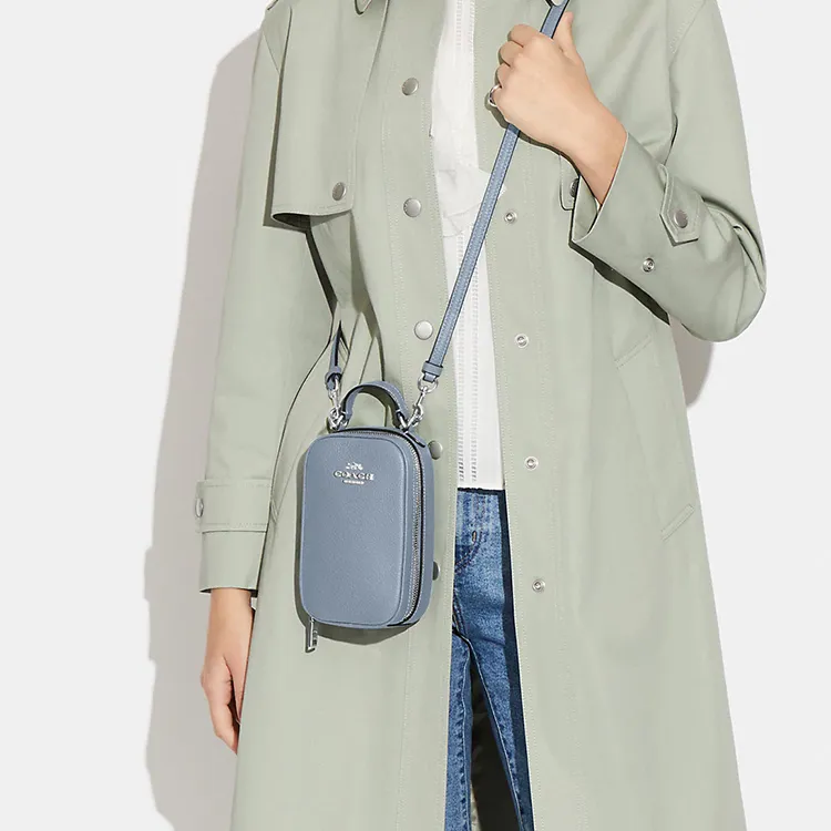 COACH Eva Pebbled Leather Cell Phone Pouch Shoulder Bag Crossbody Bag Regular Women's Haze Blue-4
