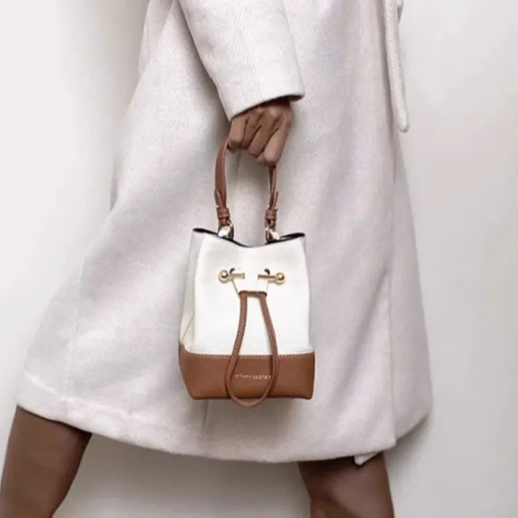 Strathberry Cow Leather Bucket Bag Portable Crossbody Bag Shoulder Bag Women's Brown/White-5