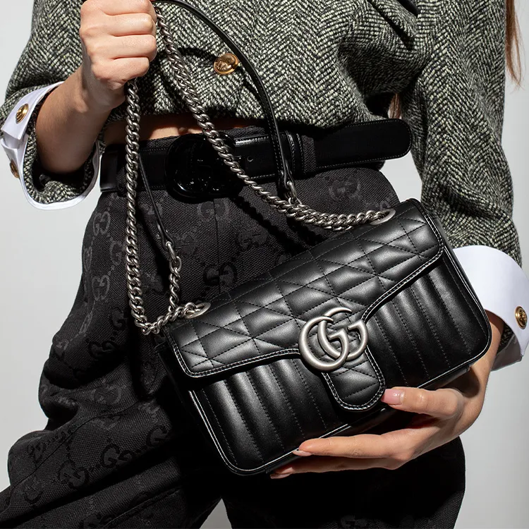 GUCCI GG Marmont Quilted Leather Chain Bag, Shoulder Bag, Crossbody Bag Mini Women's Black-5