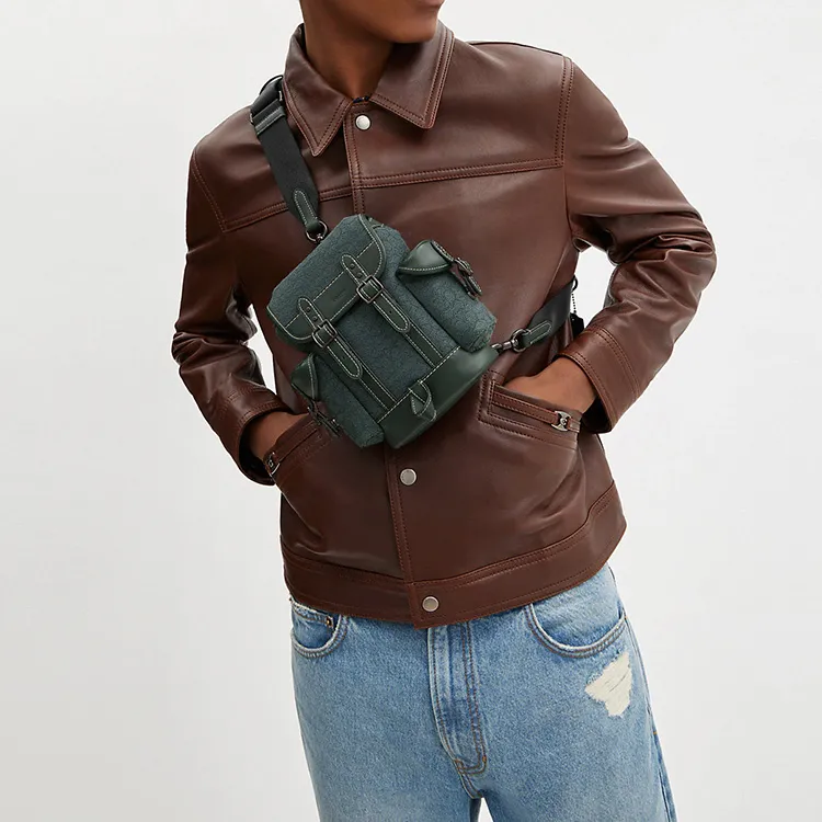 COACH Hitch Jacquard With Calfskin One Shoulder Crossbody Bag, Sling Bag Mini Men's Green-4
