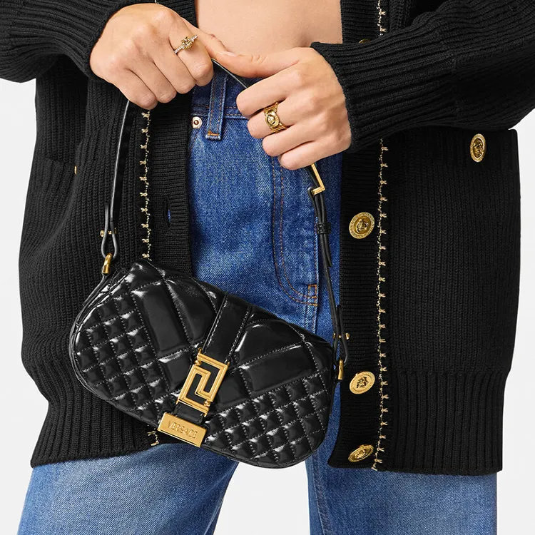 VERSACE Greca Goddess Cow Leather Shoulder Bag, Crossbody Bag Mini Women's Black-4
