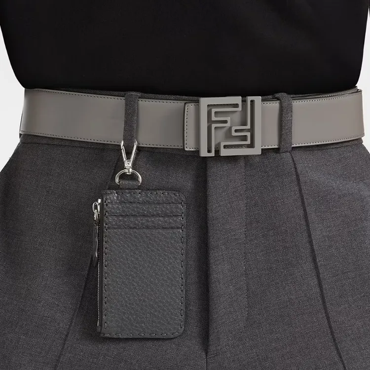 FENDI FF Squared Classic Logo Smooth Buckle Calfskin Leather Belts Men's Gray-2