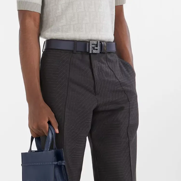 FENDI FF Squared Stud Buckle Logo Print Smooth Buckle Calfskin Leather Belts Men's Blue-2