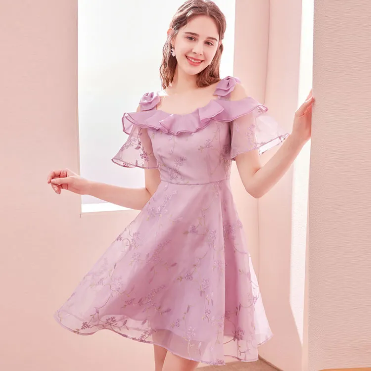 Tulip Taste Short Sleeved Dresses Women's Vine Purple Flower-1
