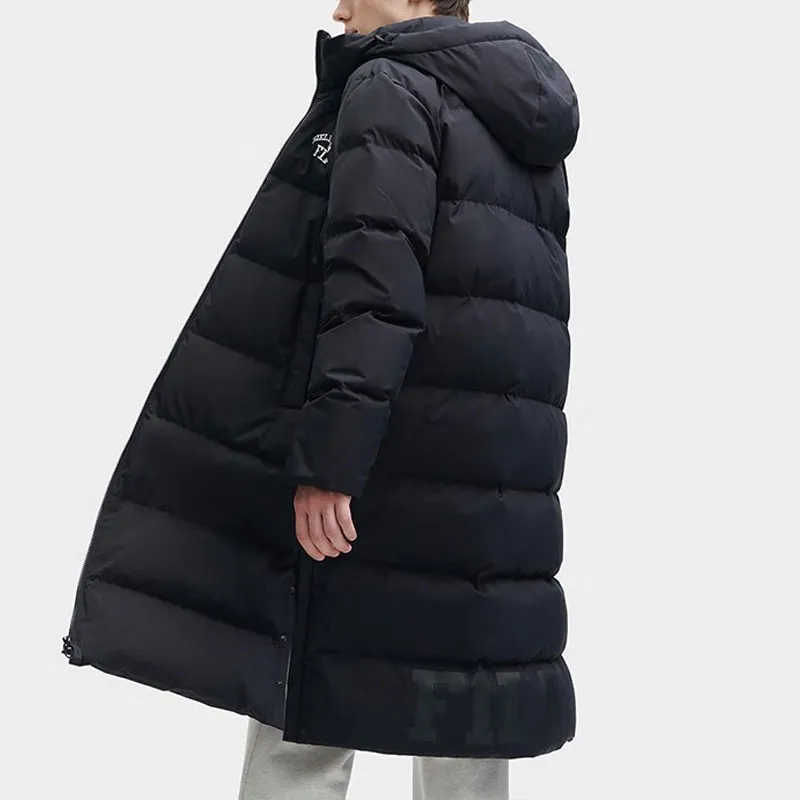 FILA Letter Print Hooded Long Down Jacket Black-3