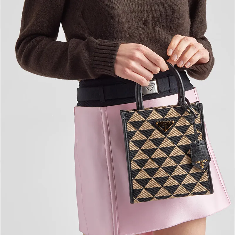 PRADA Symbole Embroidered Fabric Tote Bag Shopping Bag Handbag Small Size Women's Black/Beige Yellow-4